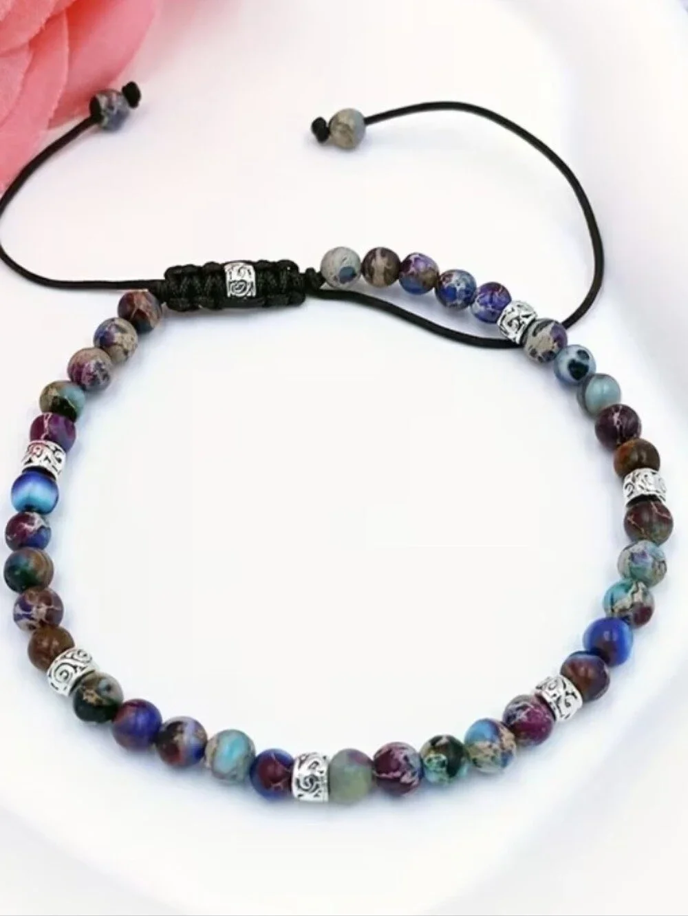 💜🩶NEW💜🩶 PRETTY!! 4MM PURPLE FLOWER STONE Adjustable Bracelet